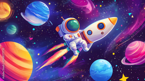 Fototapeta Naklejka Na Ścianę i Meble -  Cute kawaii astronaut and rocket in colorful space with vibrant planets and stars. Dream-Bound Astronauts. Illustration