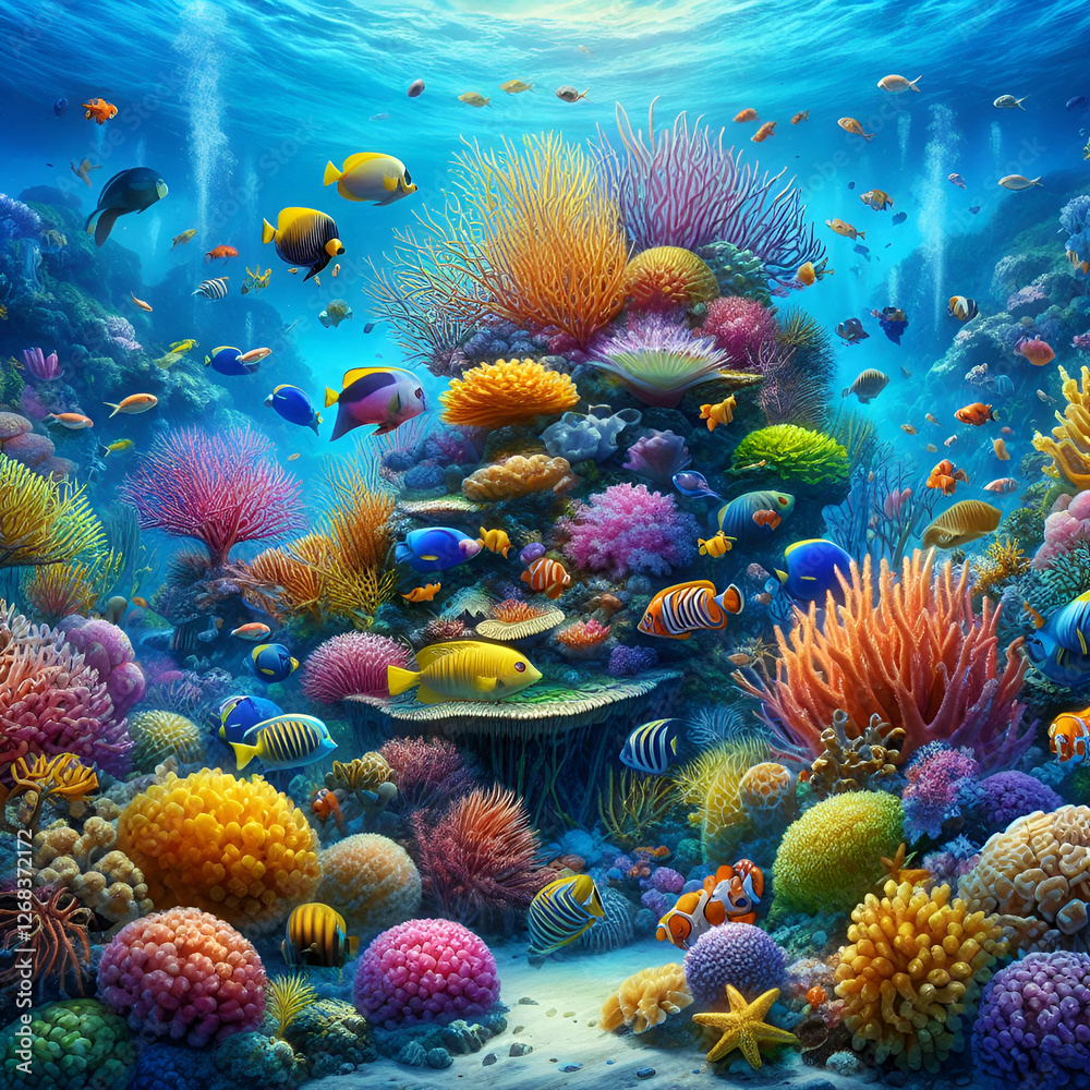Obraz premium An underwater scene featuring colorful coral reefs and tropical fish.