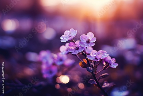 Spring pink cherry blossom branch at purple sunset with bokeh background. Nature awakening scene for Easter, Hanami, Cherry Blossom Festival, Spring Equinox, Earth Day photo