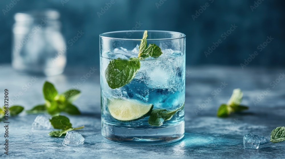 Blue cocktail, mint, ice, lime, drink, studio, refreshment, summer Blue cocktail, mint, ice, lime, drink, studio, refreshment, summer