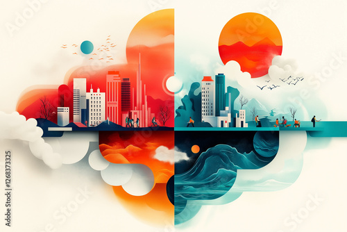 climate change affecting public health. The illustration depicts an extreme weather event, with a split-screen effect showing a heatwave on one side and devastating floods on the other