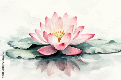 Pink lotus watercolor painting, serene pond reflection, peaceful background, spa decor
