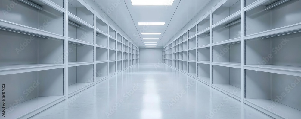 Bright and Spacious White Empty Aisle with Shelves in Modern Clean Storage Room Bright and Spacious White Empty Aisle with Shelves in Modern Clean Storage Room