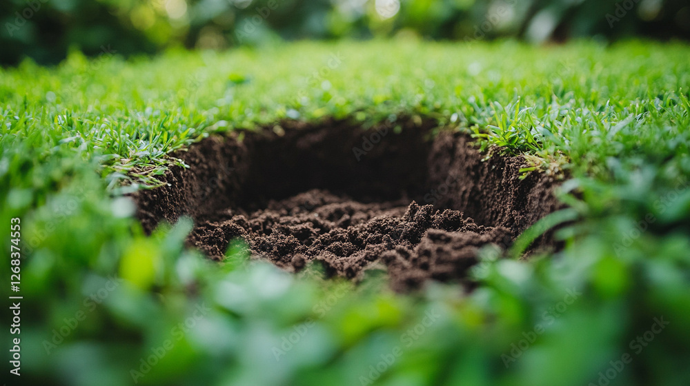 A close-up of a freshly dug hole in the ground, surrounded by green grass, with soil in focus. Symbolizing disruption, change, and the rawness of nature's transformation.
A close-up of a freshly dug hole in the ground, surrounded by green grass, with soil in focus. Symbolizing disruption, change, and the rawness of nature's transformation.