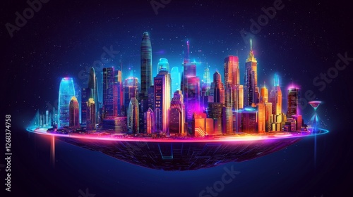 3D-rendered floating holographic city with bright neon lights and intricate digital details. 