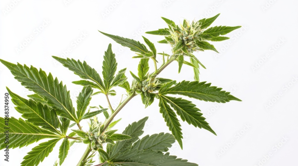 Fresh Cannabis Plant with Green Leaves and Buds on White Background Fresh Cannabis Plant with Green Leaves and Buds on White Background