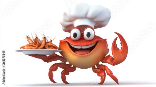 Cheerful Cartoon Crab Chef Presenting Shrimp Dish on a Plate