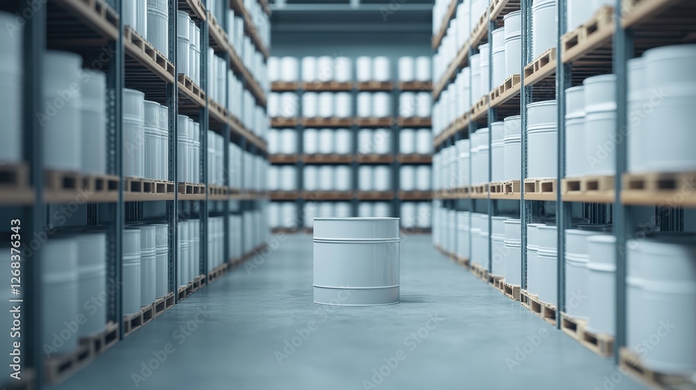 Fototapeta premium White Storage Containers in Industrial Warehouse Aisle Surrounded by Shelves and Product Organization