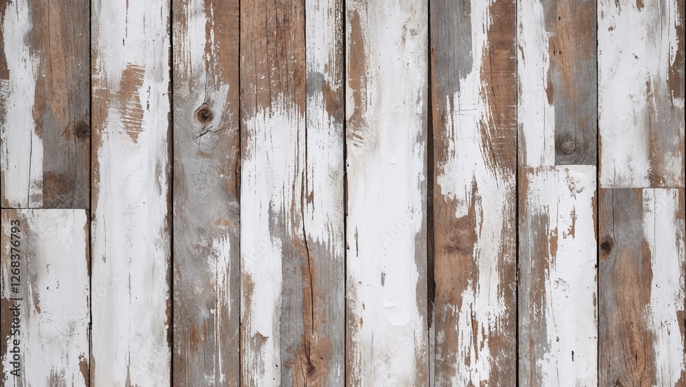 rustic, weathered wooden surface composed of vertical planks. Each plank displays a distressed finish with a mix of white paint and natural wood tones, creating a vintage, shabby-chic appearance rustic, weathered wooden surface composed of vertical planks. Each plank displays a distressed finish with a mix of white paint and natural wood tones, creating a vintage, shabby-chic appearance