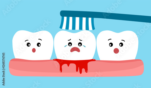 Brushing teeth with bleeding on gum cartoon vector illustration. Gingivitis. Periodontitis or gum disease concept.