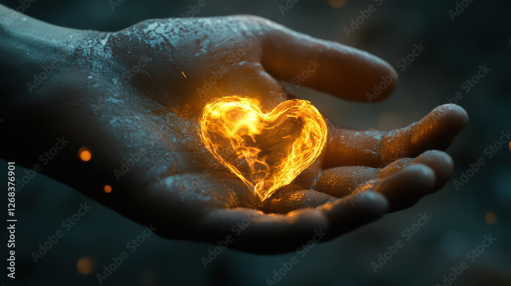 A detailed close-up photograph of an open palm holding a small, glowing flame shaped like a heart, with soft light reflecting on the skin A detailed close-up photograph of an open palm holding a small, glowing flame shaped like a heart, with soft light reflecting on the skin