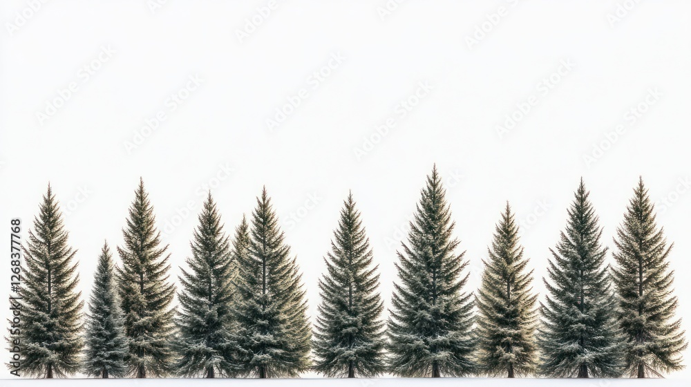 Fototapeta premium Snowy fir trees line, winter landscape, white background, holiday card