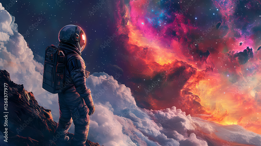 An astronaut in a spacesuit on a beautiful planet with fantastic colors and an incredible sky with nebulae. Dream-Bound Astronauts. Illustration An astronaut in a spacesuit on a beautiful planet with fantastic colors and an incredible sky with nebulae. Dream-Bound Astronauts. Illustration