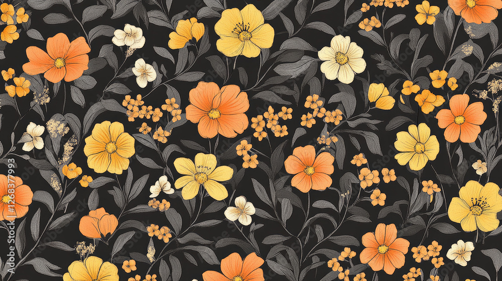 A floral pattern featuring orange and yellow flowers on a dark background. A floral pattern featuring orange and yellow flowers on a dark background.