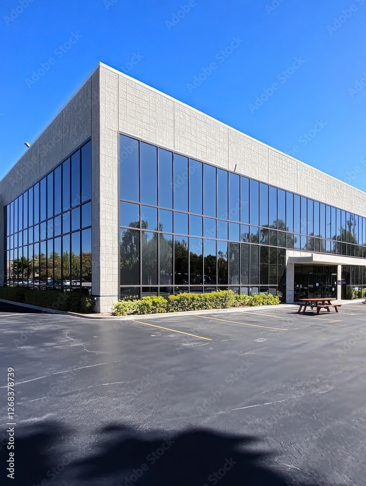 Fototapeta premium A photograph of the exterior of an industrial building with large windows and glass walls, set against a clear blue sky on a sunny day.