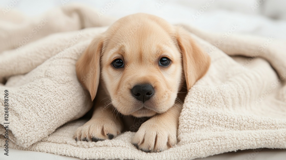 Puppy Day concept. Adorable Puppy Playing Hide and Seek in Cozy Blanket Pile Puppy Day concept. Adorable Puppy Playing Hide and Seek in Cozy Blanket Pile