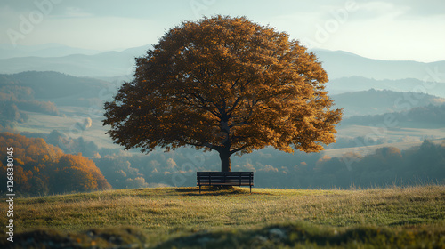 A tree sits in a grassy field next to a bench