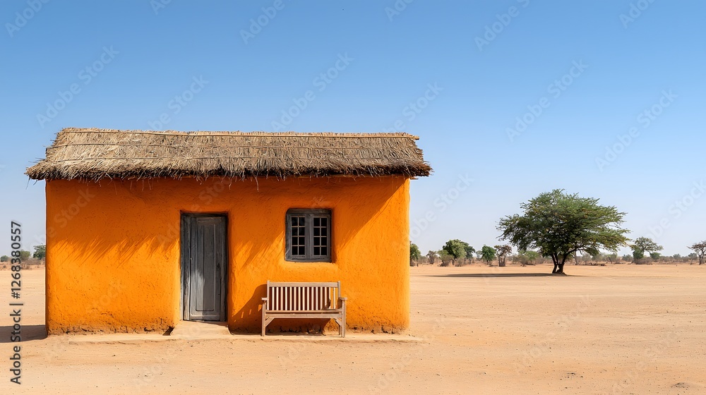 A Bright Orange Mud-Brick House Under a Clear Sky with Scenic Surroundings and a Calm Atmosphere. Innovative and Creative Ways to Build a House Concept A Bright Orange Mud-Brick House Under a Clear Sky with Scenic Surroundings and a Calm Atmosphere. Innovative and Creative Ways to Build a House Concept