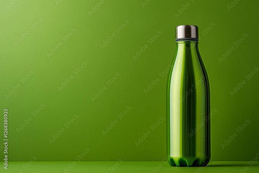 A sleek green reusable water bottle with a metallic cap, set against a monochromatic green background. The minimalist composition emphasizes eco-conscious living and sustainability. A sleek green reusable water bottle with a metallic cap, set against a monochromatic green background. The minimalist composition emphasizes eco-conscious living and sustainability.