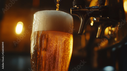 A close-up shot of beer being bottled, golden liquid pouring from the tap into a frosty glass, thick foam on top