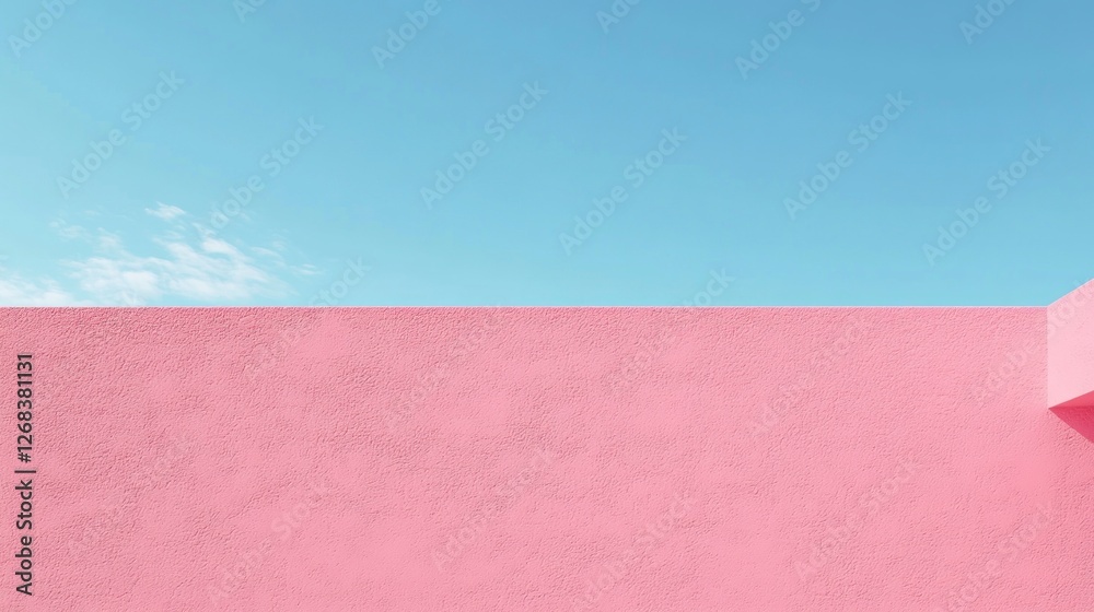 Fototapeta premium A simple and minimalist background featuring an isolated, vibrant pink wall with a blue sky above. The composition is centered on the solid wall