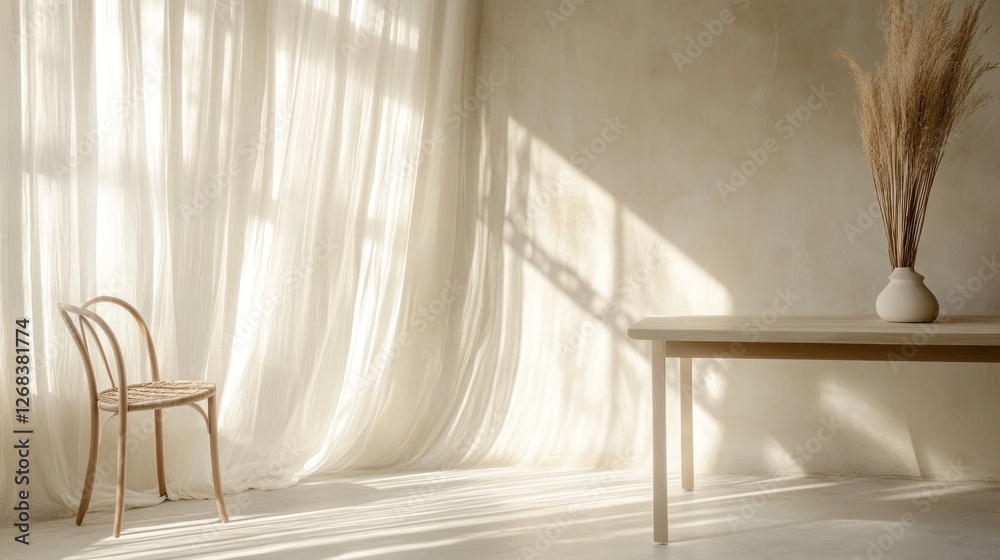 Serene Minimalist Interior: Sunlight Streaming Through Sheer Curtains Illuminates a Room with a Wooden Table, Chair, and Dried Flowers Serene Minimalist Interior: Sunlight Streaming Through Sheer Curtains Illuminates a Room with a Wooden Table, Chair, and Dried Flowers