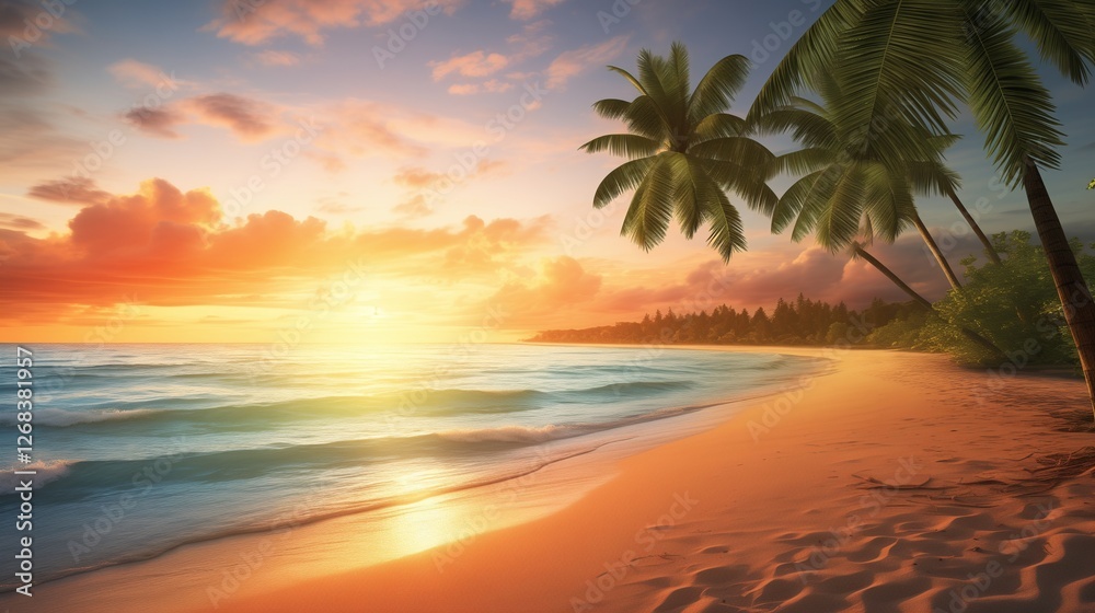 A lush tropical beach surrounded by palm trees, with turquoise waters and a serene sunrise in the background. A lush tropical beach surrounded by palm trees, with turquoise waters and a serene sunrise in the background.