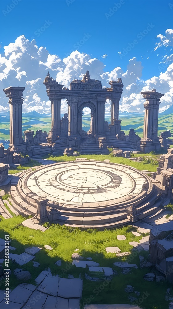 Fototapeta premium Ancient circular stone arena ruins with columns on grassy plain under cloudy sky