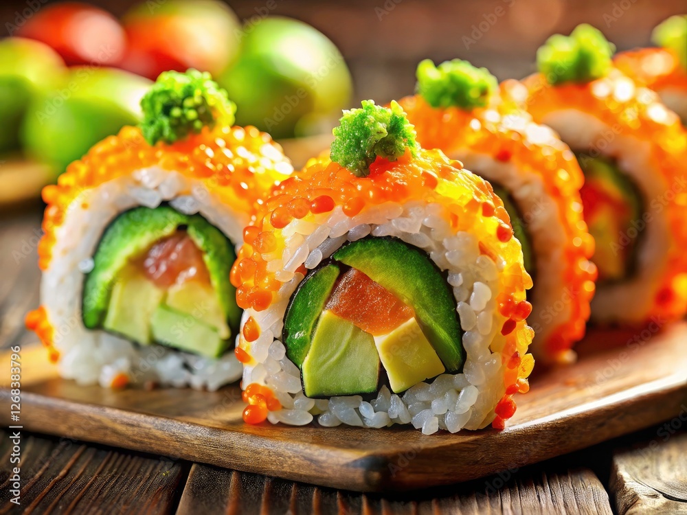 High-resolution tilt-shift captures succulent avocado, fish, and tobiko sushi rolls, a miniature feast for the eyes. High-resolution tilt-shift captures succulent avocado, fish, and tobiko sushi rolls, a miniature feast for the eyes.
