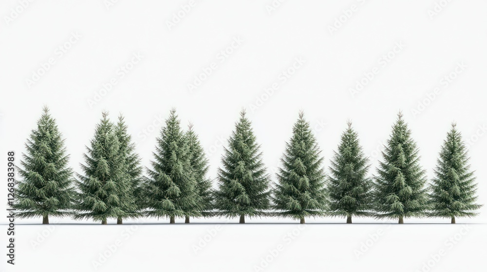 Obraz premium Evergreen trees row, winter scene, white background, holiday card