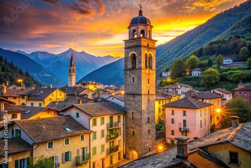 Historic Torre Torelli Tirano in Sondrio, Lombardy. Medieval architecture photographed, a regional landmark. photo