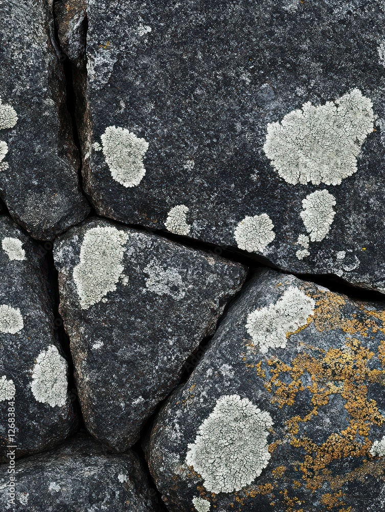Black rock surface with a detailed texture, featuring small white spots of lichen and scale on the surface. The rocks have straight horizontal lines that give it an abstract feel. Black rock surface with a detailed texture, featuring small white spots of lichen and scale on the surface. The rocks have straight horizontal lines that give it an abstract feel.