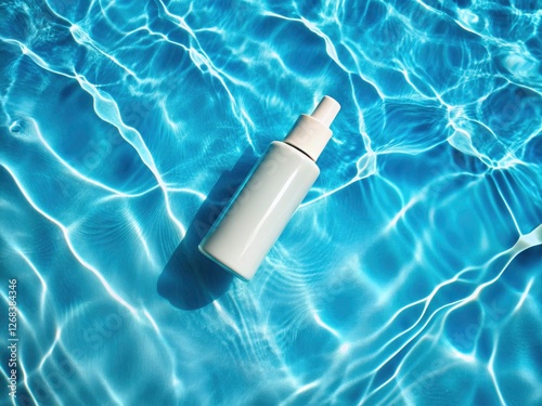 Hydrated summer skin.  Crisp white cosmetic bottle reflects poolside luxury.  Flat lay.