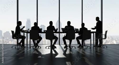 Business meeting in a modern office with city skyline view