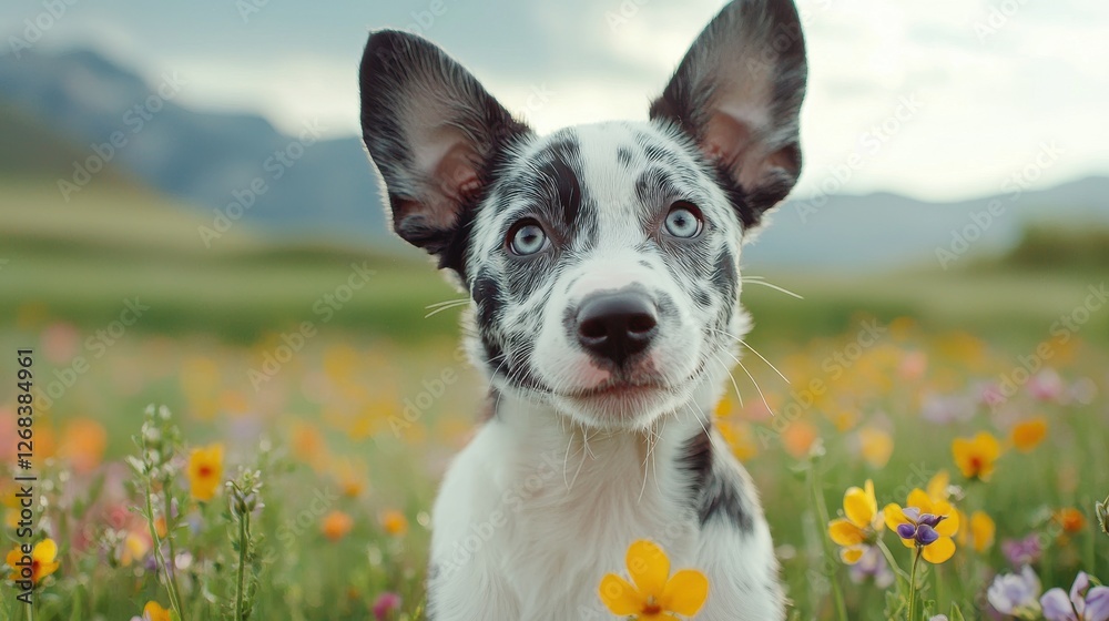 Puppy Day concept. Playful Puppy Running Through Sunny Meadow with Wildflowers Puppy Day concept. Playful Puppy Running Through Sunny Meadow with Wildflowers