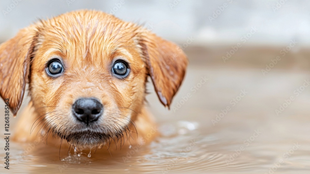 Puppy Day concept. Playful Wet Puppy Exploring Shallow Puddle in Outdoor Nature Puppy Day concept. Playful Wet Puppy Exploring Shallow Puddle in Outdoor Nature