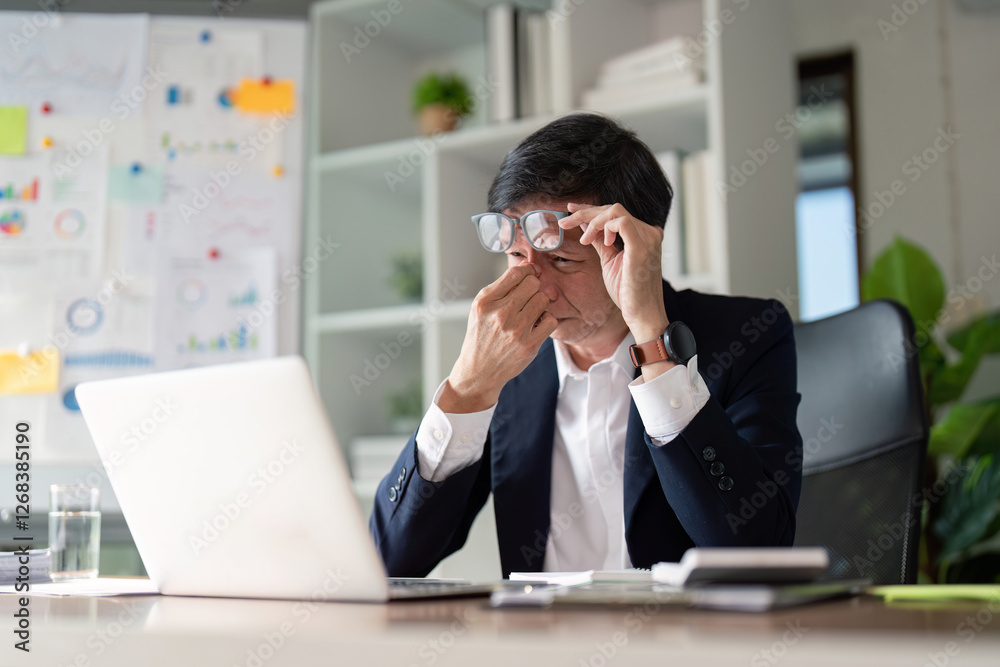 Elderly businessman showing signs of stress while working on a laptop in a modern office setting. Elderly businessman showing signs of stress while working on a laptop in a modern office setting.