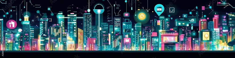 Neon Cityscape Illustrating Futuristic Technology and Connectivity Neon Cityscape Illustrating Futuristic Technology and Connectivity