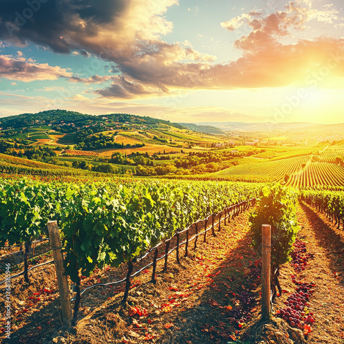 Sunset over rolling vineyard hills photo