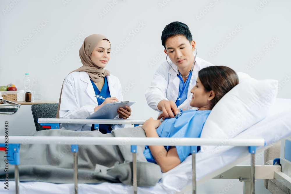 Doctors providing attentive care to a patient in a hospital bed. Compassion, professionalism, and expert healthcare. Ideal for medical