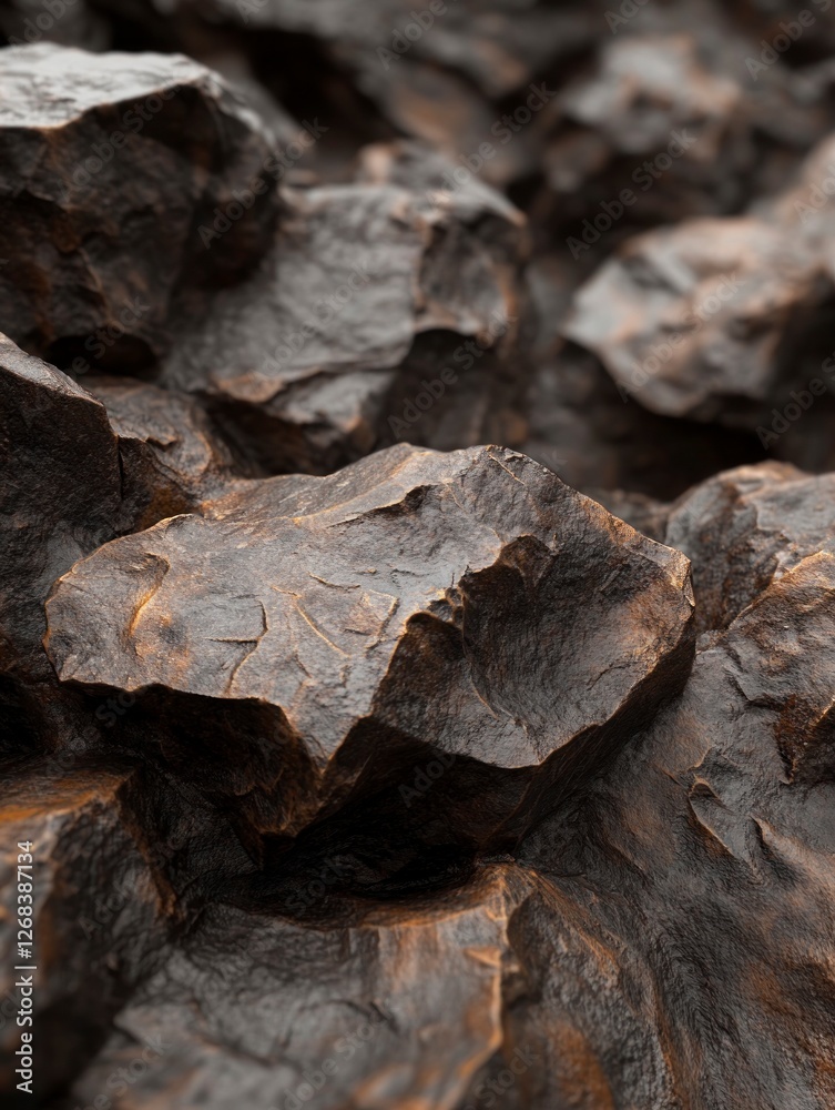 Dark brown rocky surface, close-up, textured, photorealistic, hyperrealistic, high resolution, high detail