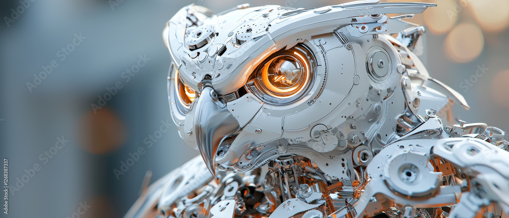 Fototapeta premium Mechanical Owl Robot: Glowing Eyes, Intricate Detail