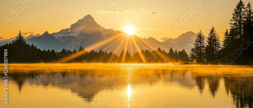 Golden sunrise over tranquil lake, majestic mountain peak reflected in calm waters photo