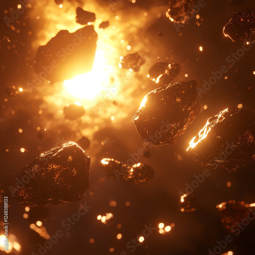 Golden asteroid field, radiant sun photo