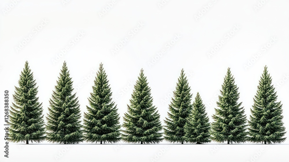 Obraz premium Evergreen trees row, white background, nature, design (2)
