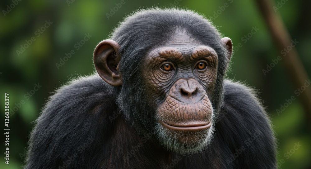 Close-up of a contemplative chimpanzee in a lush green forest setting Close-up of a contemplative chimpanzee in a lush green forest setting