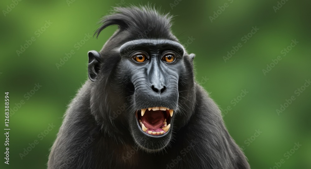 Obraz premium Close-up of an expressive black monkey showcasing its teeth in nature