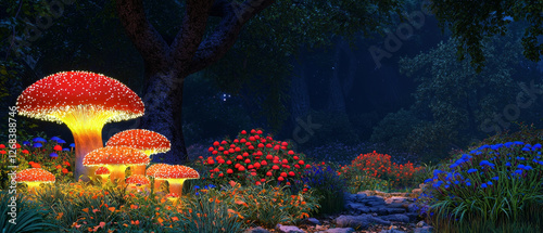 Enchanted forest at night: luminous mushrooms and vibrant flowers