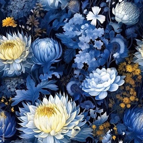 Floral seamless pattern with blue and white chrysanthemums on dark background. Vintage botanical illustration. Classic flower arrangement design for textiles and wallpaper decoration