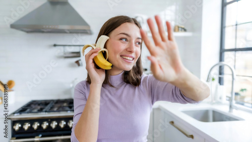 Young woman at kitchen using a banana as a phone and having fun.